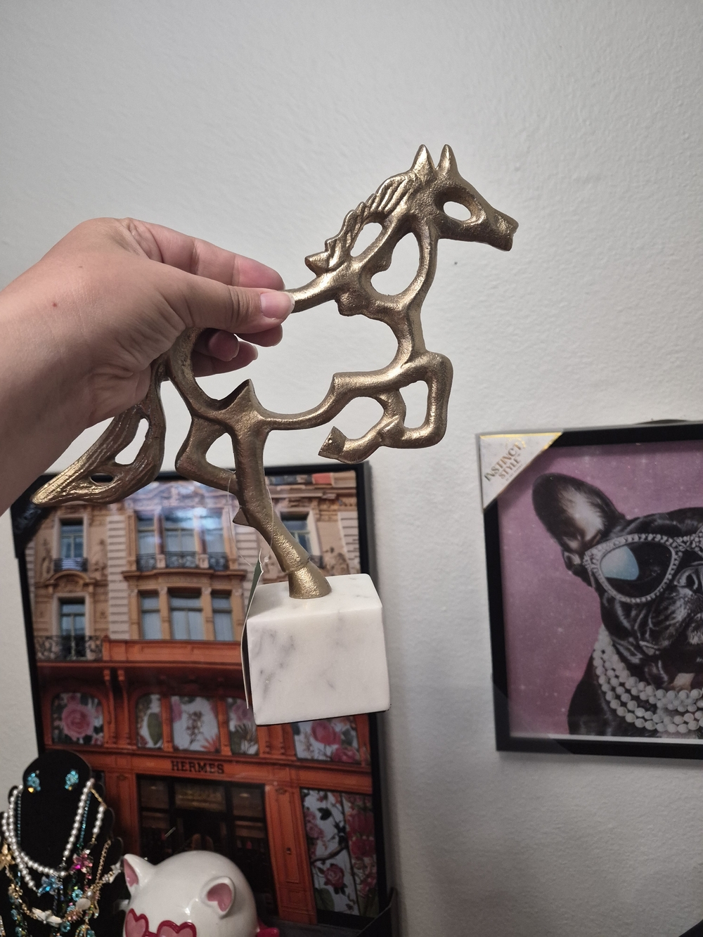 Decorative Gold Horse Sculpture on Marble Base - Home Art Accent